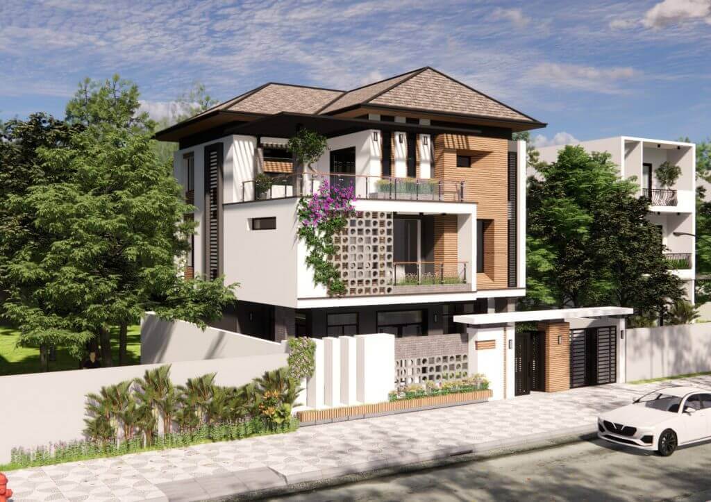 Thiết kế mặt tiền nhà 3 tầng kiến trúc xanh