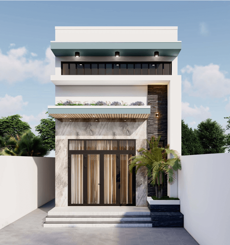 mặt tiền nhà ống 2 tầng có gác lửng Pendecor